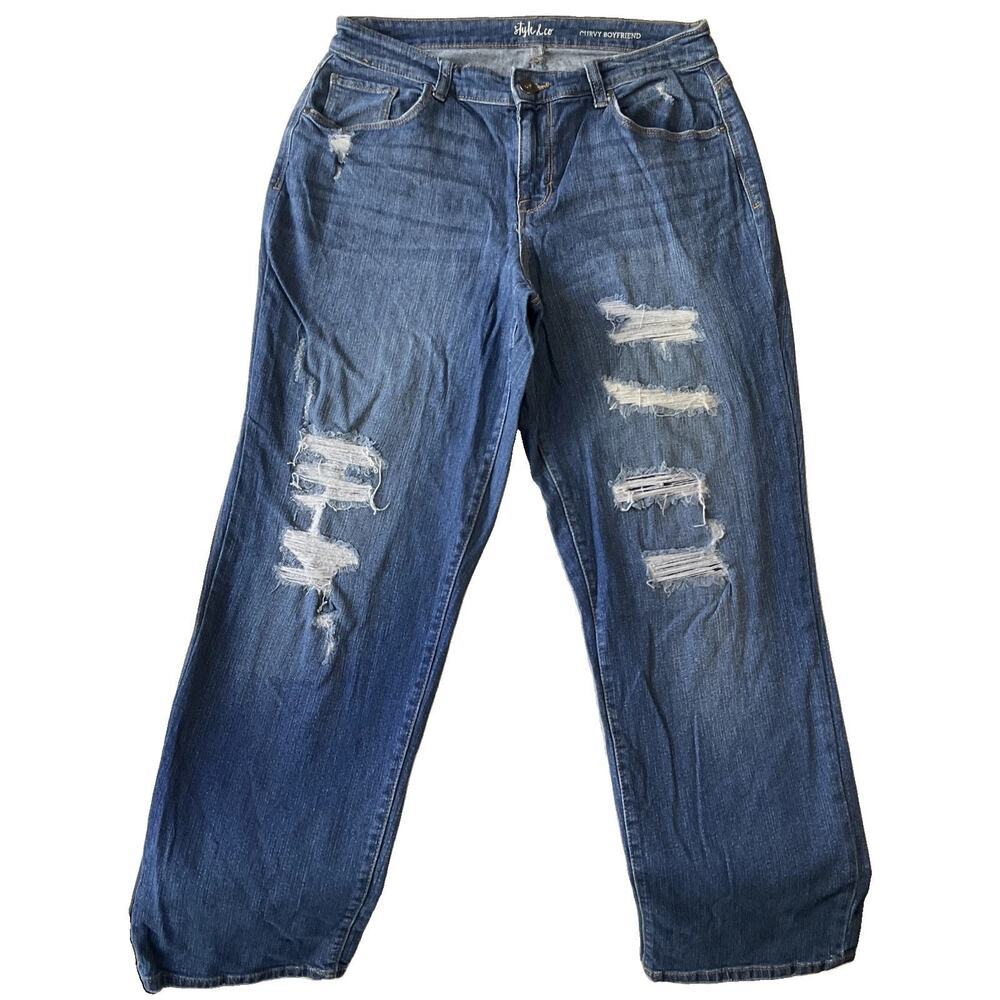 Style & Co Women Jeans 6 Blue Denim Curvy Boyfriend Distressed 28" Inseam 30”wai